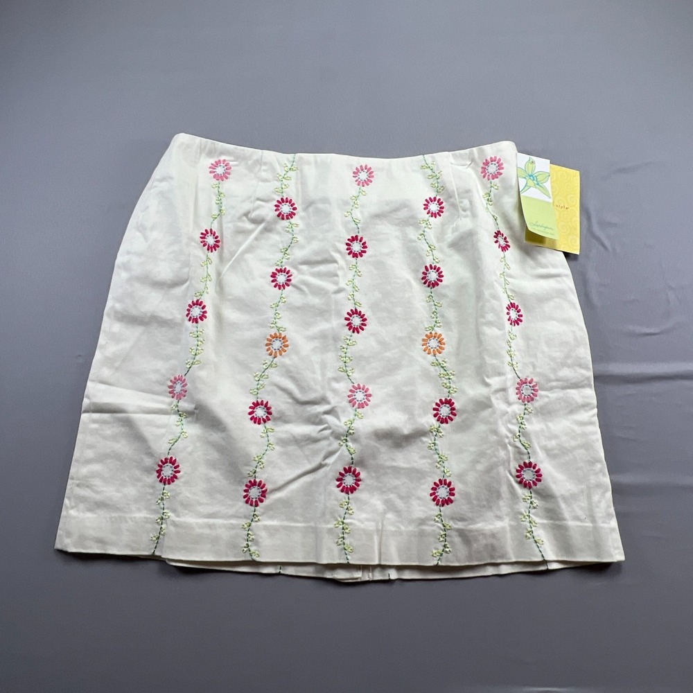 Larkspur Mini Skirt Womens 20W White Floral Embroidered Cotton Stretch Side Zip